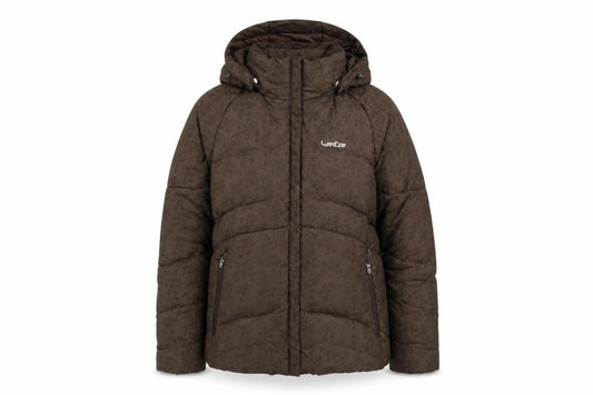 Front view of Azpam Women's Brown Puffer Jacket, size S, Hooded