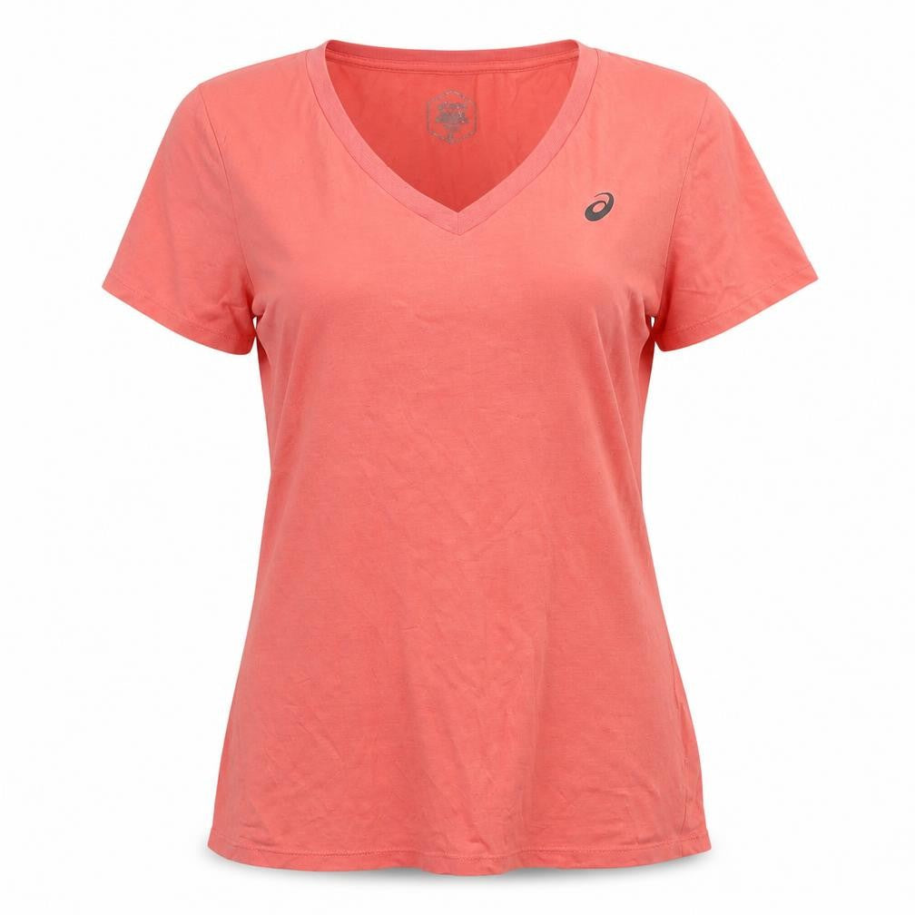 Front view of Asics Women's Orange Running V-Neck T-Shirt L