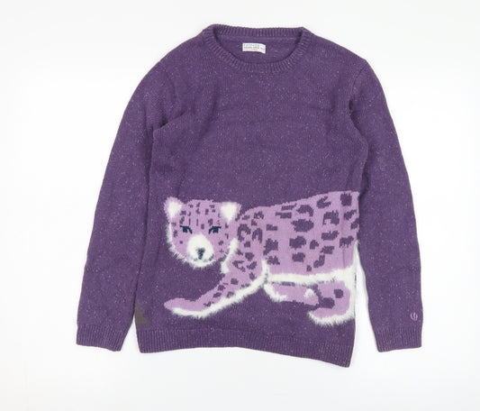 FatFace Girls Purple Leopard Print Jumper 11-12 Years - Warm Knit