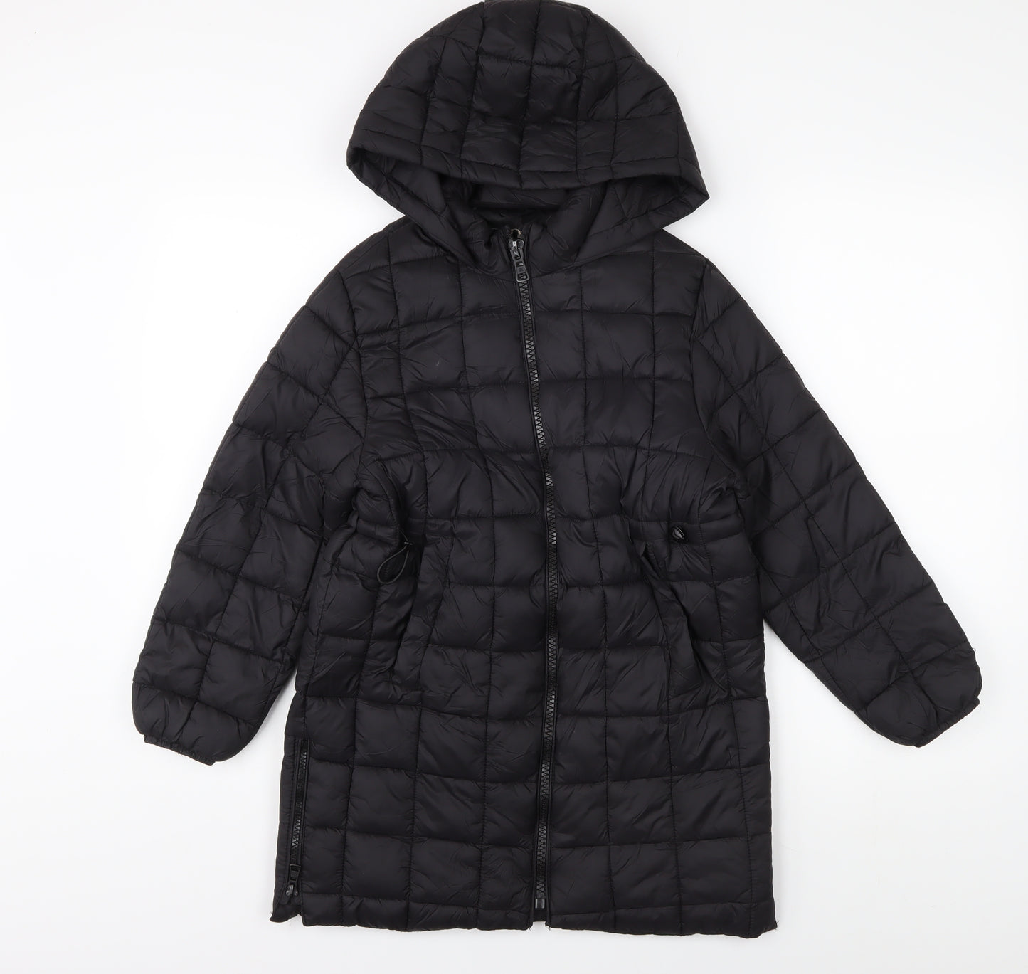 Zara Women's Black Mid-Length Puffer Jacket, Size 10, Hooded