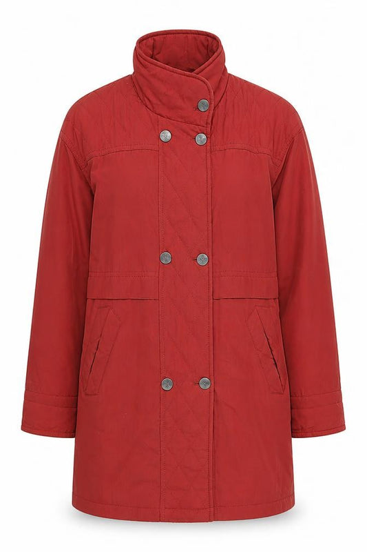Front view of Lakeland women’s red quilted jacket, size UK 12