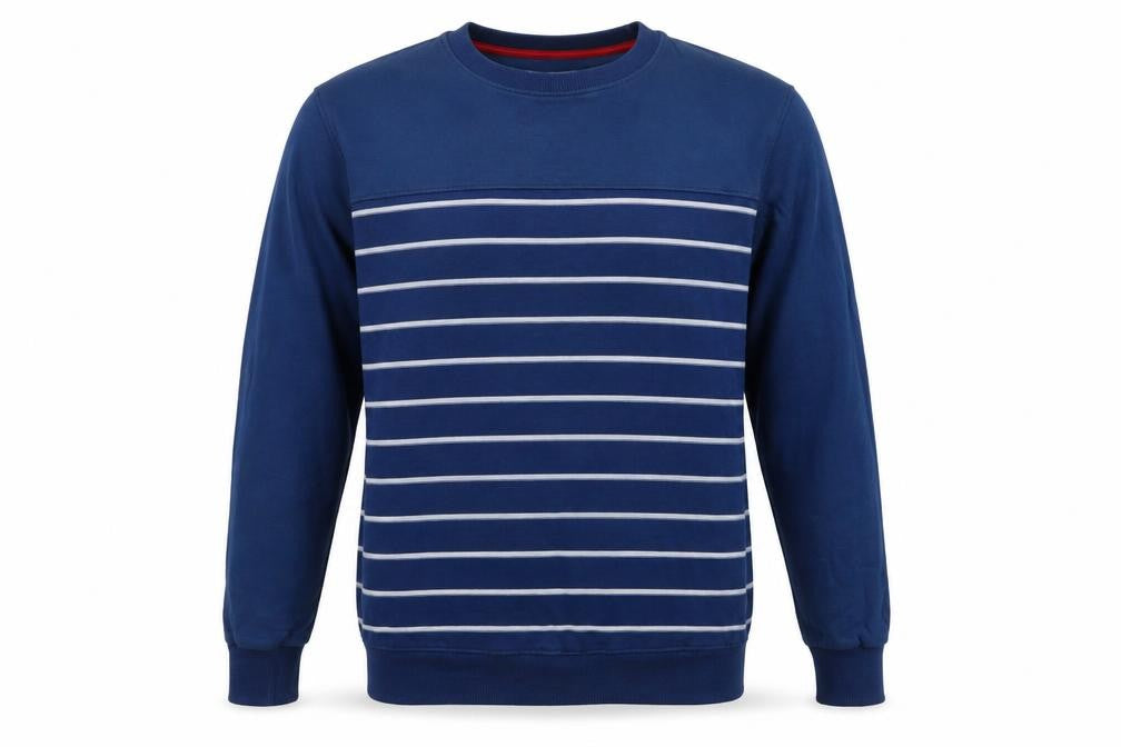 Front view of Stock & Co Men's Blue Striped Pullover Sweatshirt M