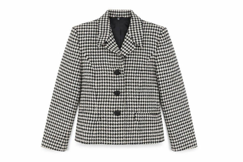 Front view of Country Casuals Women's Black Houndstooth Wool Blazer, size 12