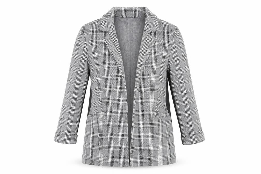 Front view of H&M Women's Grey Plaid Blazer Jacket, size 12