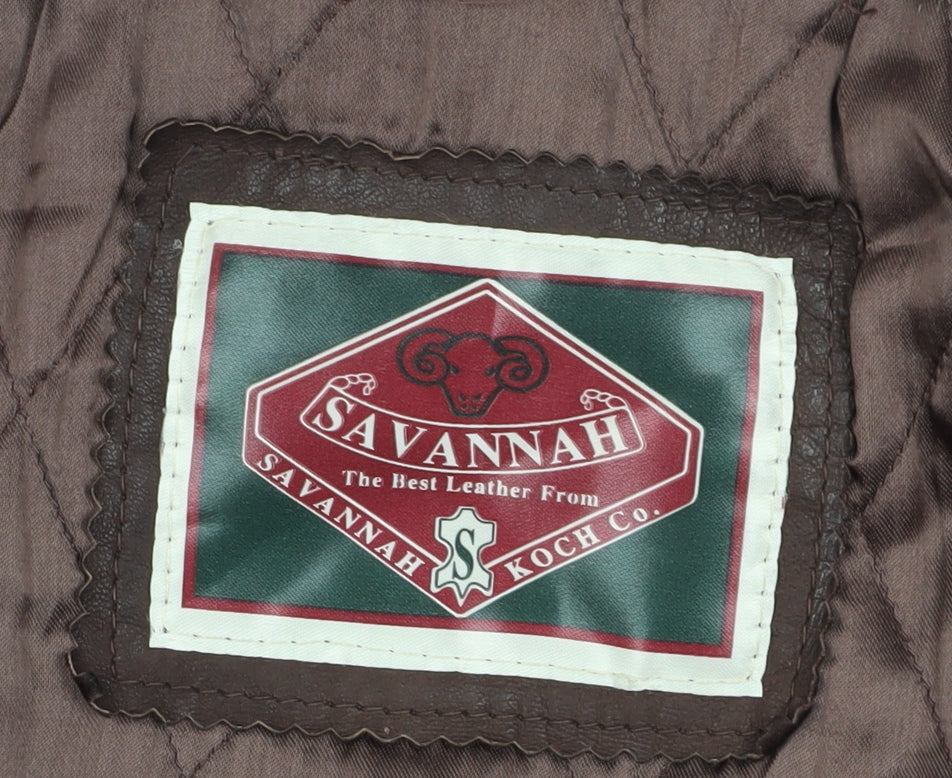 Savannah Men's Brown Leather Jacket - Size M Button Closure