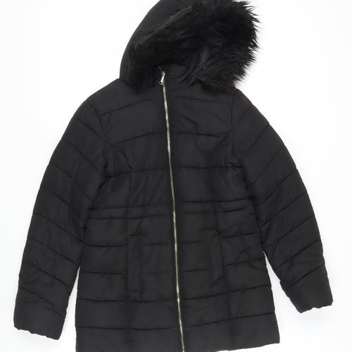 M&Co Girls Black Puffer Jacket with Faux Fur Hood - Size 12