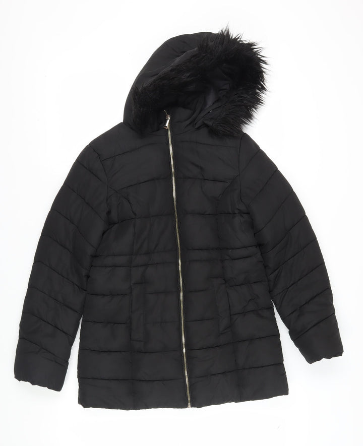 M&Co Girls Black Puffer Jacket with Faux Fur Hood - Size 12
