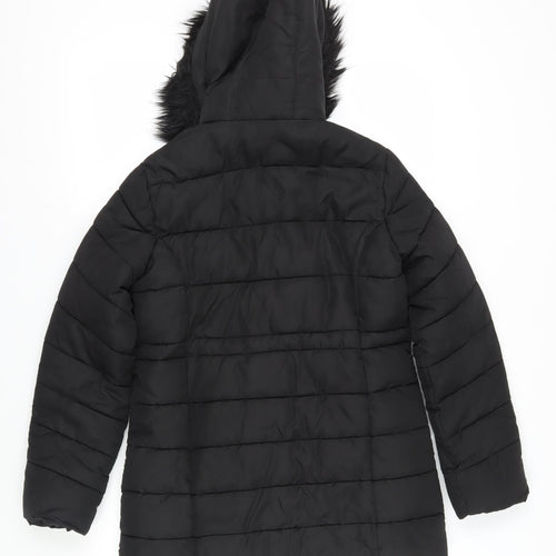 M&Co Girls Black Puffer Jacket with Faux Fur Hood - Size 12