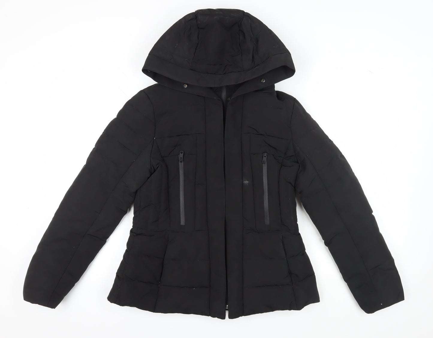 Zara Basic Womens Black Puffer Jacket L Hooded Winter