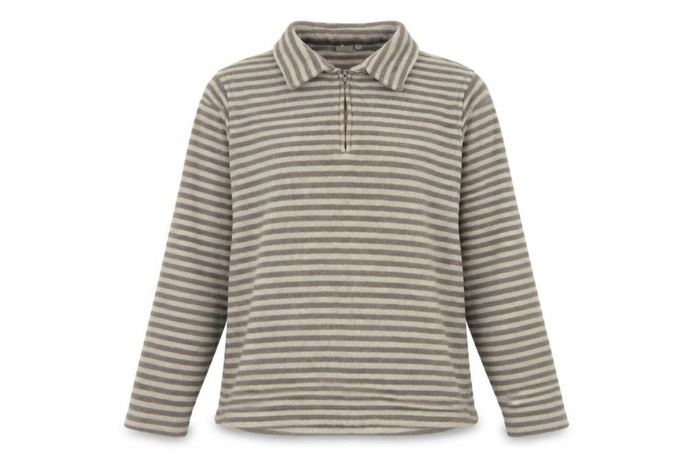 Front view of Cotton Traders Women's Beige Striped Fleece Pullover
