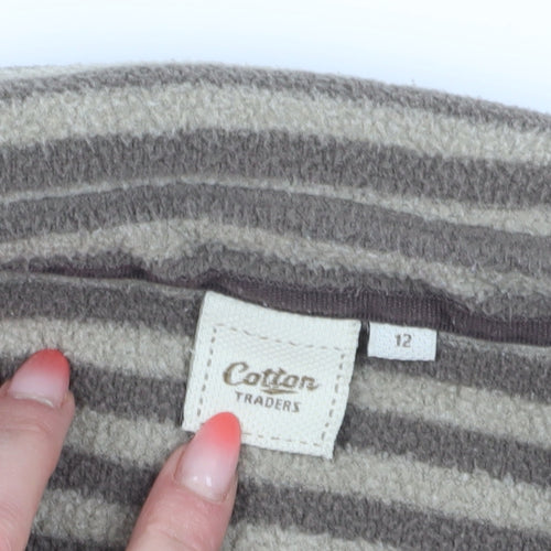 Cotton Traders Women's Beige Striped Fleece Pullover