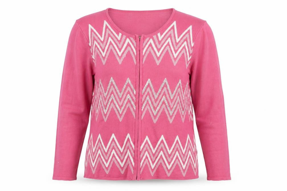 Front view of Mudflower Women's Pink M/L Geometric Cardigan
