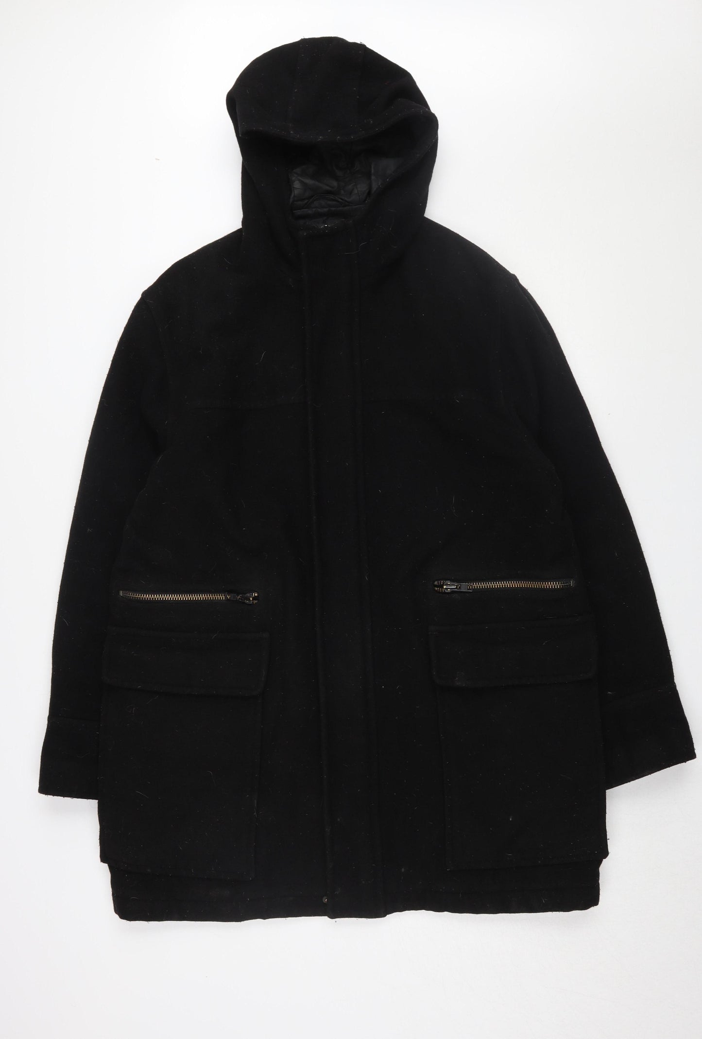 Next Men's Black Parka Coat L Hooded Wool Blend