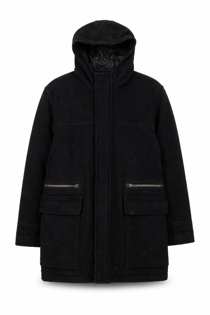 Front view of Next Men's Black Parka Coat L Hooded Wool Blend