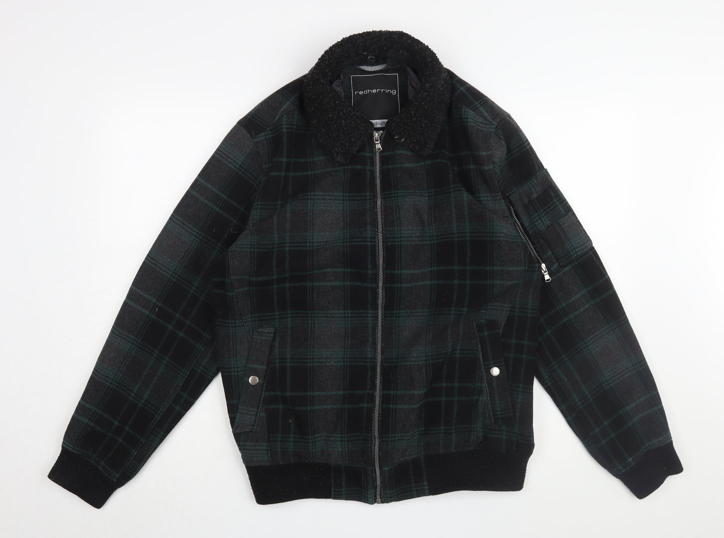 Redherring Men's Black Plaid Bomber Jacket Medium