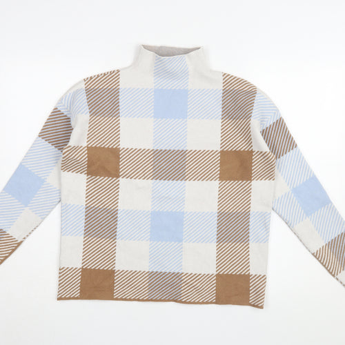 Tahari Women's Plaid Mock Neck Top - M, Beige/Blue/Brown