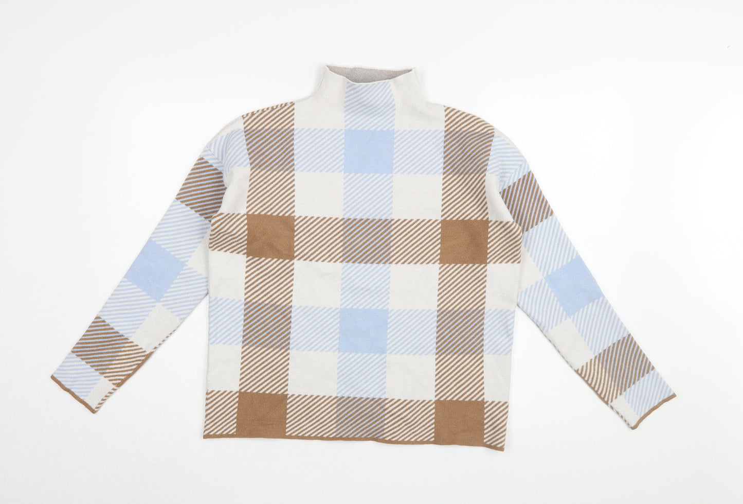 Tahari Women's Plaid Mock Neck Top - M, Beige/Blue/Brown