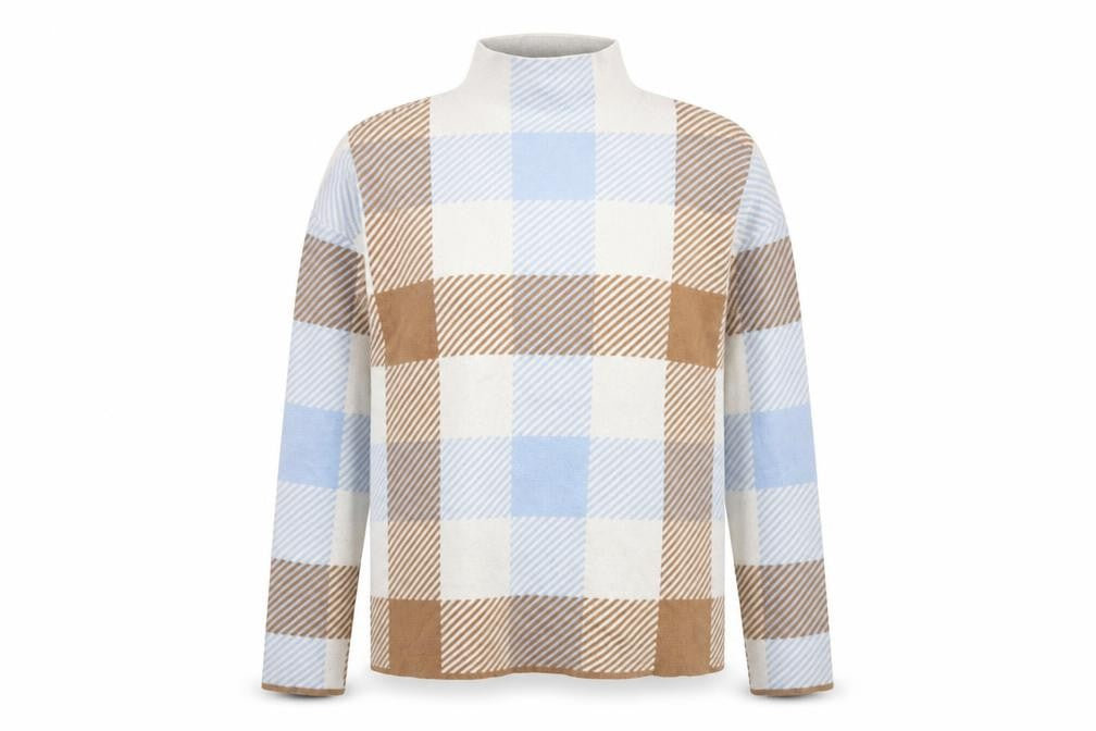 Front view of Tahari Women's Plaid Mock Neck Top - M, Beige/Blue/Brown