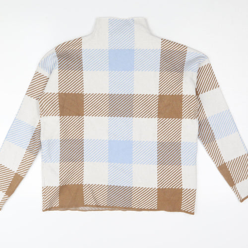Tahari Women's Plaid Mock Neck Top - M, Beige/Blue/Brown