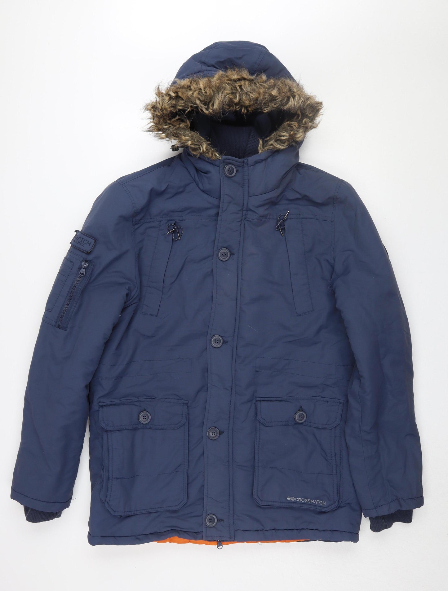 Crosshatch Men's Blue Parka Jacket with Fur Trim, Size M