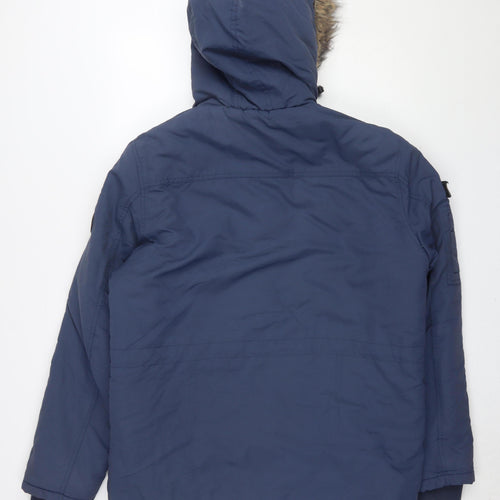 Crosshatch Men's Blue Parka Jacket with Fur Trim, Size M