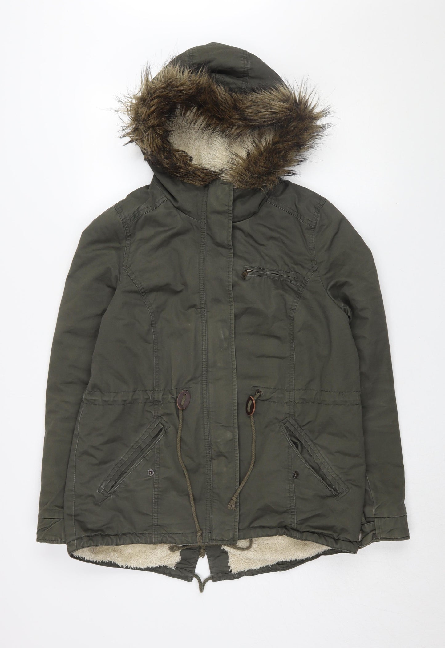 H&M Women's Green Parka Jacket Size 12 with Fur Trim