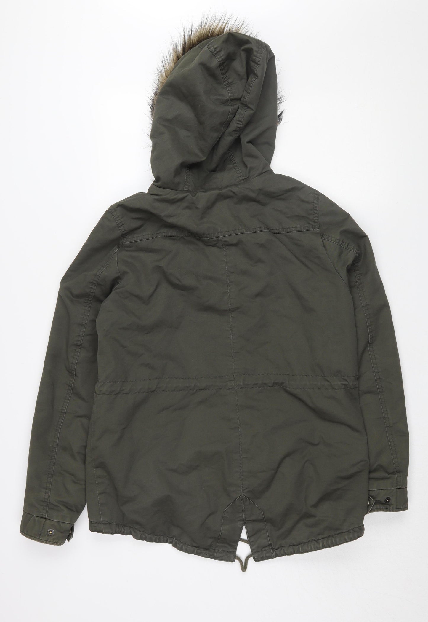 H&M Women's Green Parka Jacket Size 12 with Fur Trim