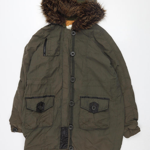River Island Women's Green Parka Coat with Fur Trim, Size 8