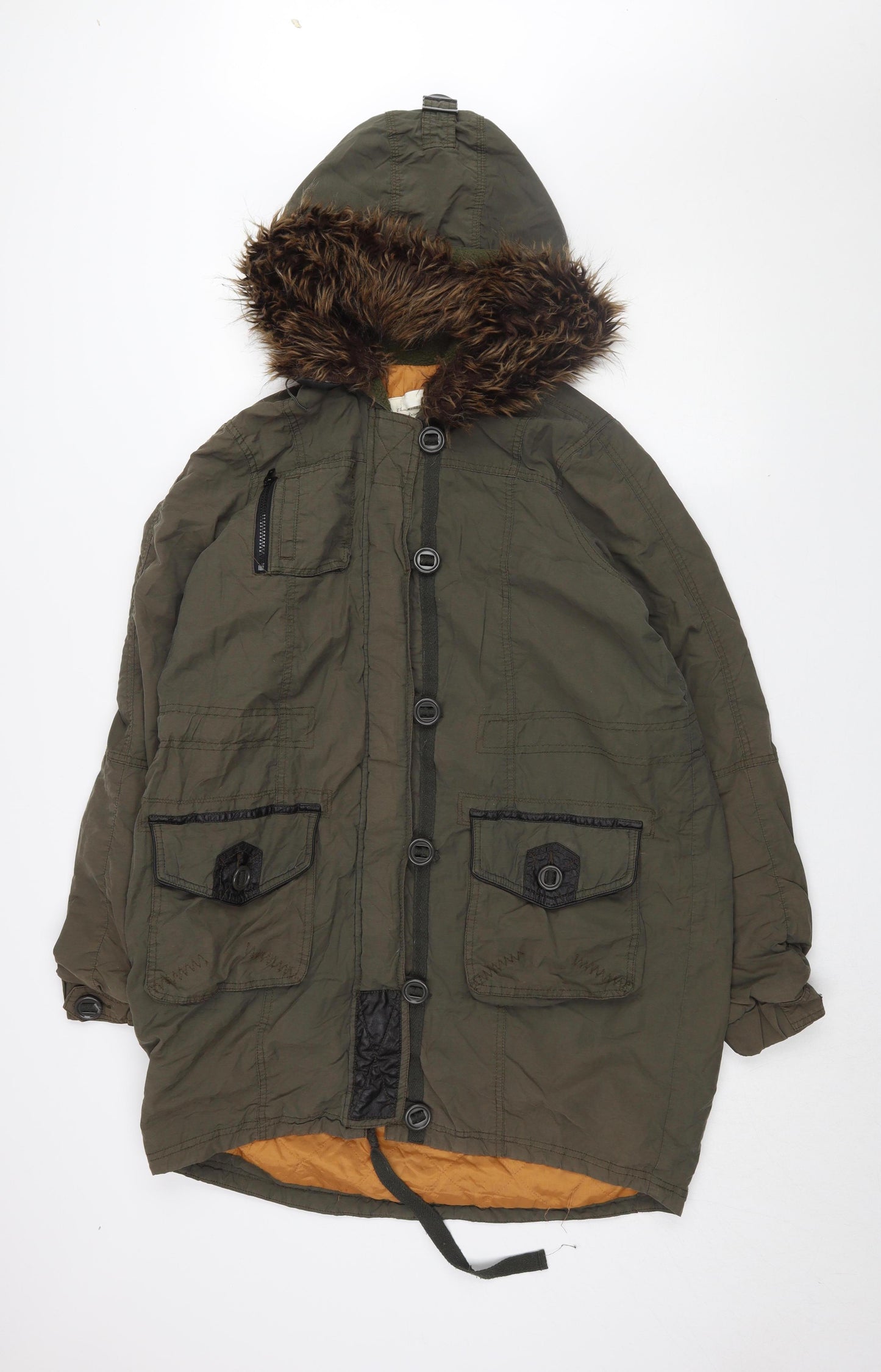 River Island Women's Green Parka Coat with Fur Trim, Size 8