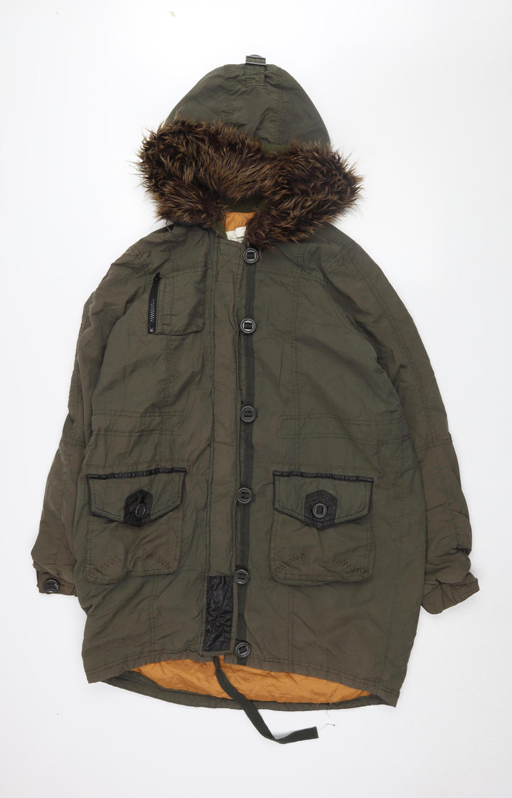 River Island Women's Green Parka Coat with Fur Trim, Size 8