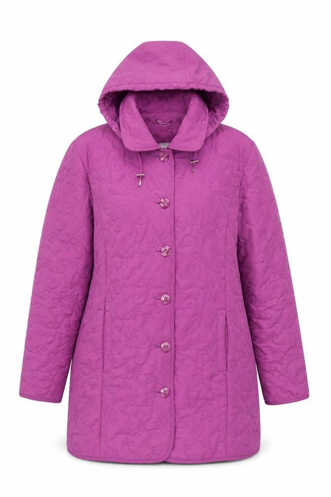 Front view of Weekend Ideas Women’s Purple Quilted Hooded Jacket, size UK 14