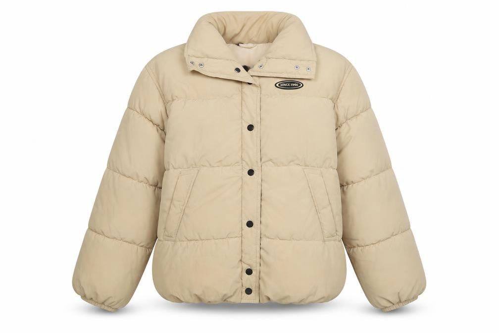 Front view of H&M Women's Beige Puffer Jacket Size 2XS, Casual, Buttoned