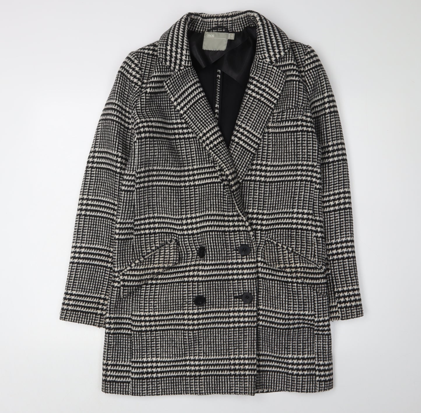 ASOS Women's Black Check Pea Coat, Size 8, Winter Classic