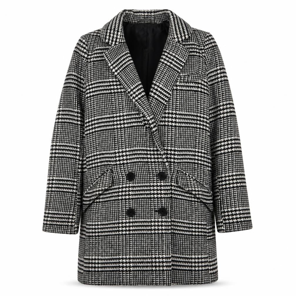 Front view of ASOS Women's Black Check Pea Coat, size 8, Winter Classic