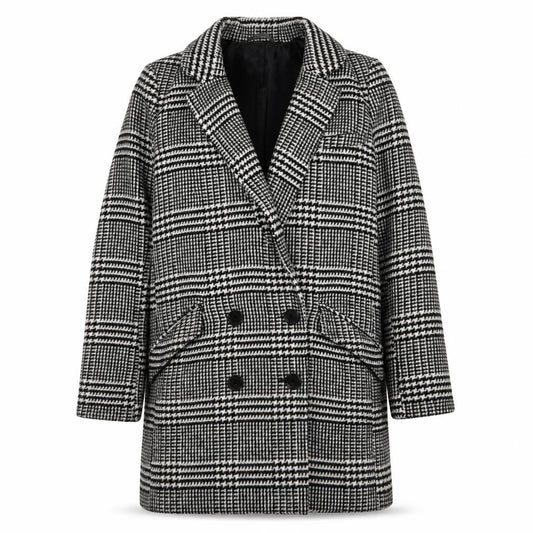 Front view of ASOS Women's Black Check Pea Coat, size 8, Winter Classic