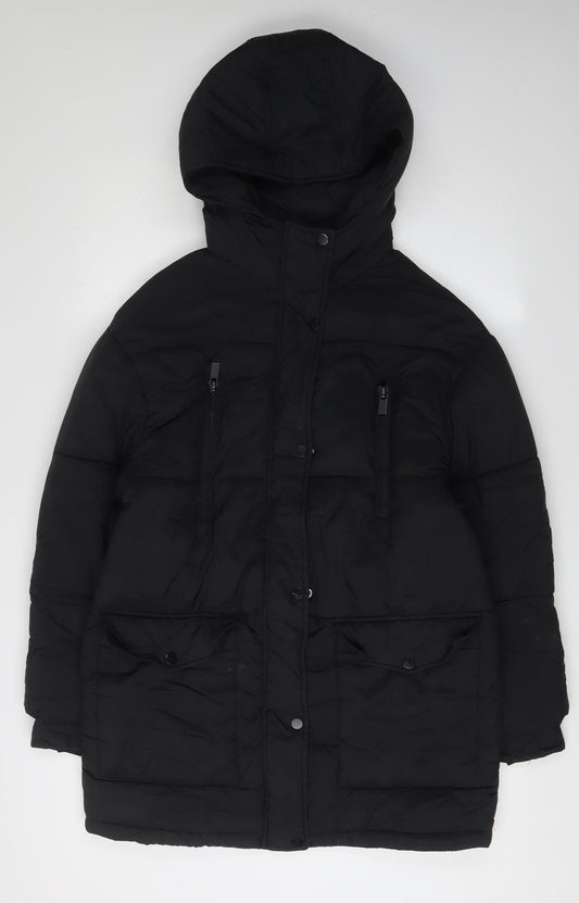 Topshop Women's Black Puffer Jacket Size 10 Hooded