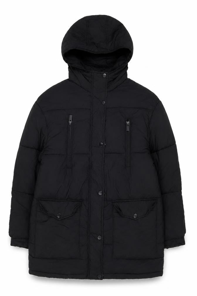 Front view of Topshop Women's Black Puffer Jacket, size 10, Hooded