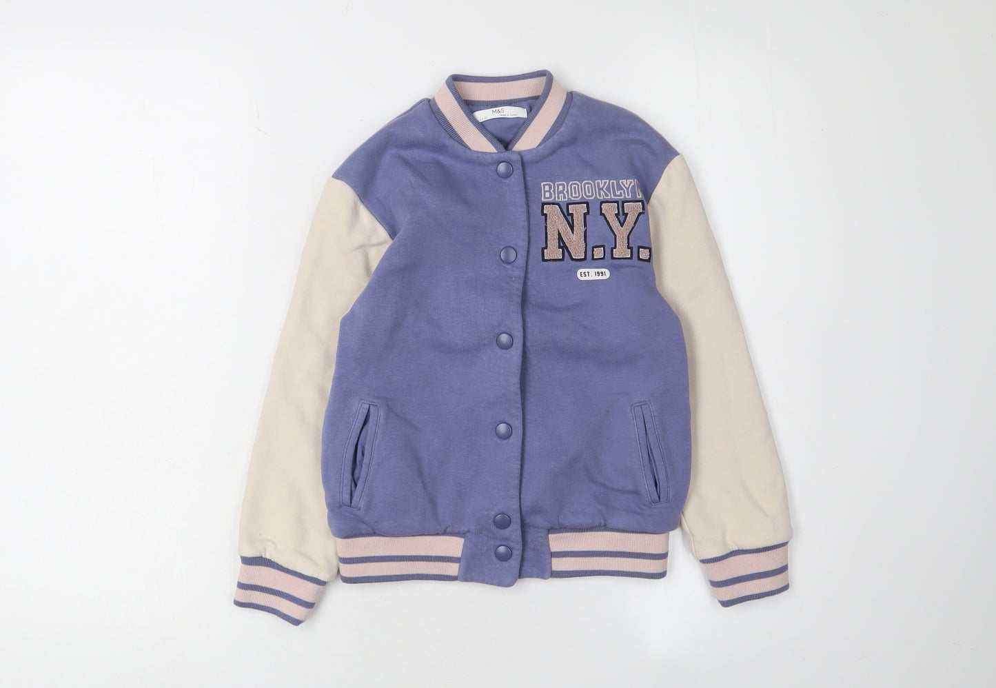 M&S Girls Blue Varsity Jacket 6-7 Years Cotton Blend