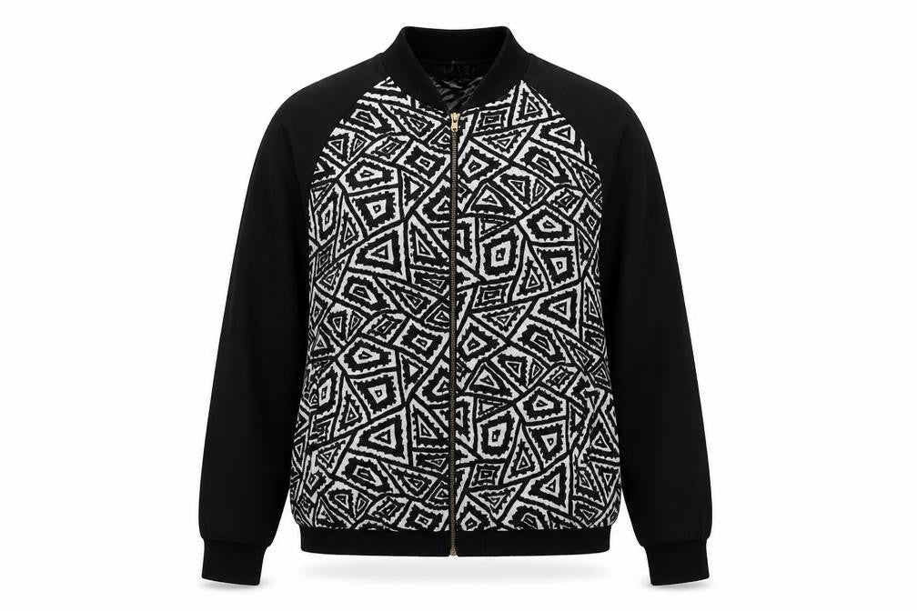 Front view of Miso Women's Black Bomber Jacket, size 10, Geometric