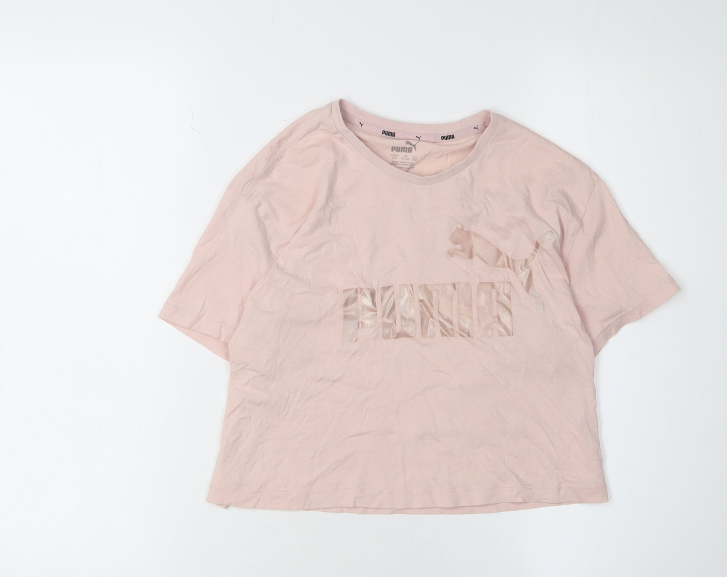 Puma Girls Pink T-Shirt 11-12 Years Short Sleeve Crew Neck Logo