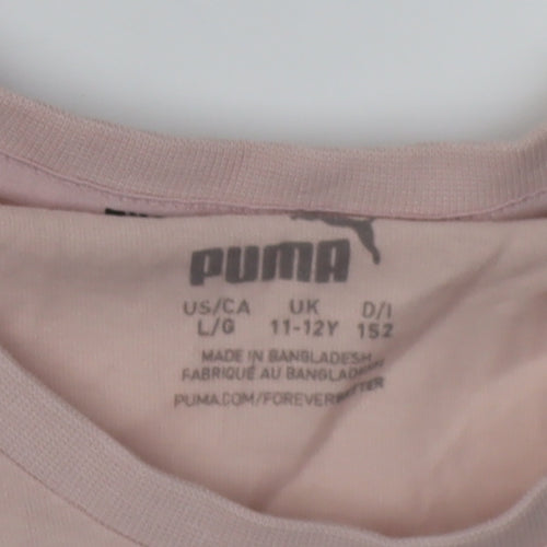 Puma Girls Pink T-Shirt 11-12 Years Short Sleeve Crew Neck Logo