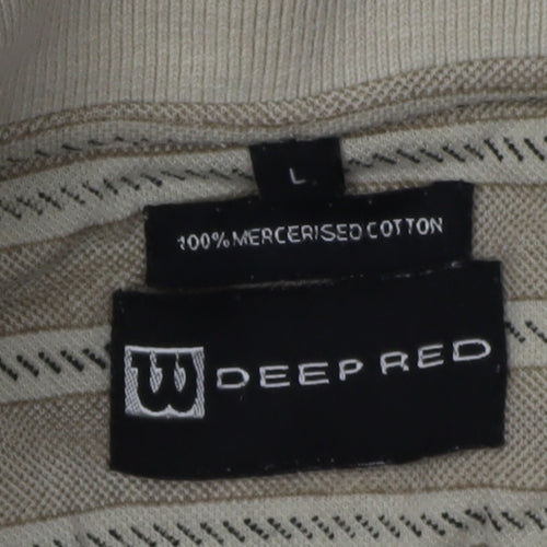 Deep Red Men's Beige Striped Polo - Large