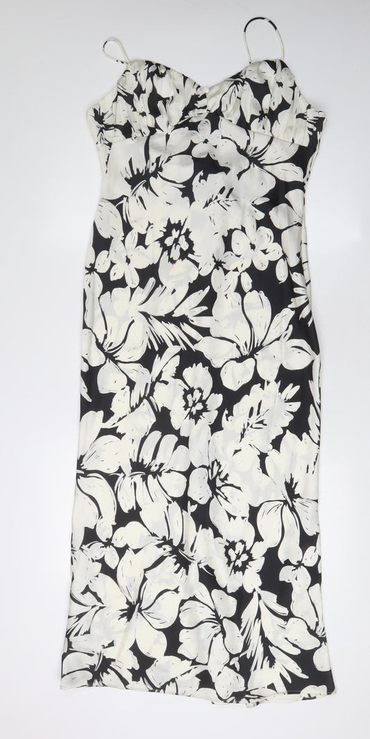 Zara Women's Black Floral Midi Slip Dress - Size 14