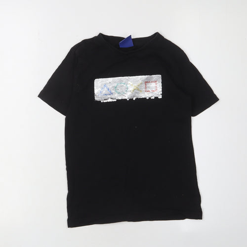 M&Co Boys Black Sequin Graphic T-Shirt 7-8 Years Short Sleeve