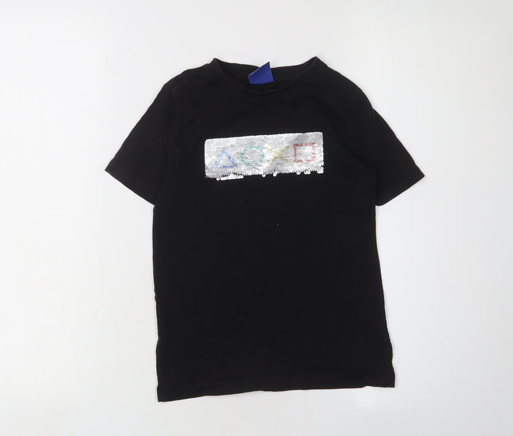 M&Co Boys Black Sequin Graphic T-Shirt 7-8 Years Short Sleeve