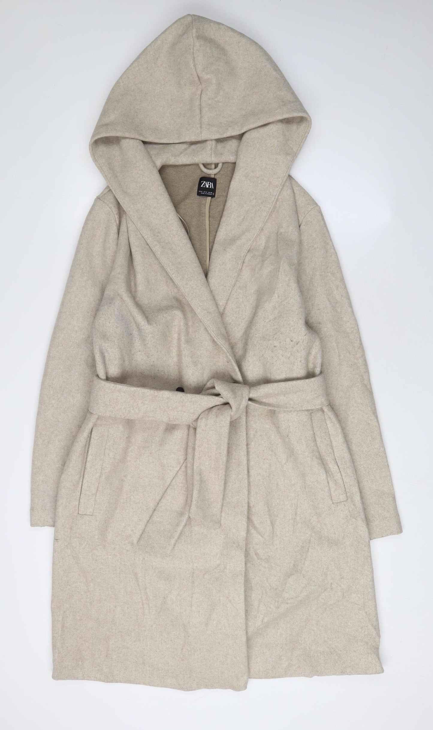 Zara Women's Beige Hooded Belted Coat Size 10
