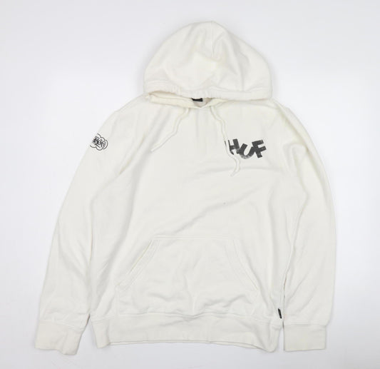 HUF Men's White Pullover Hoodie M with Logo Accents