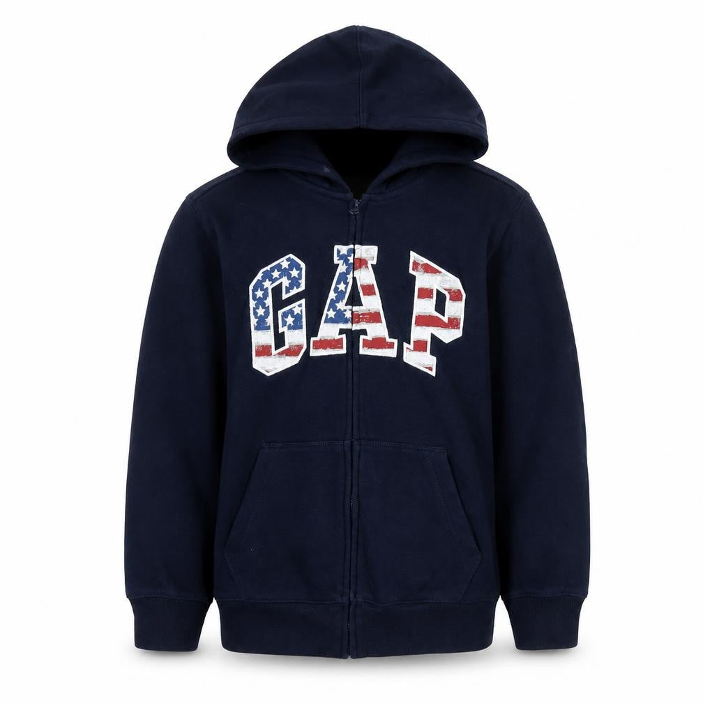 Front view of Gap boys’ blue full zip hoodie m