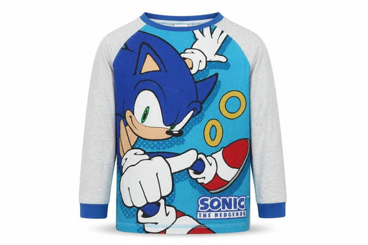 Front view of Sonic boys’ blue/grey pyjama top, 8-9 years, cartoon style