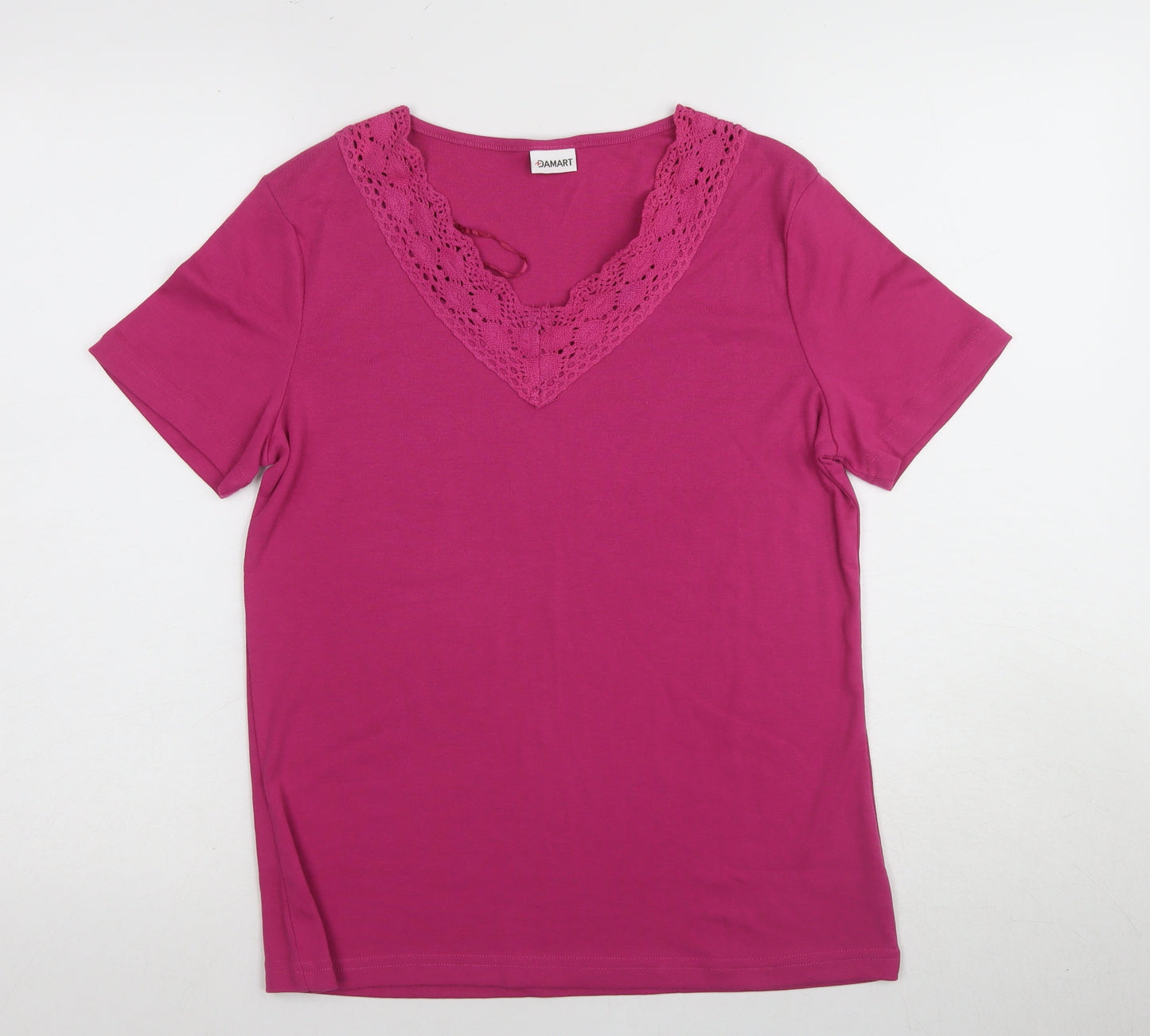 Damart Women’s Pink Crochet Accent V-Neck T-Shirt M